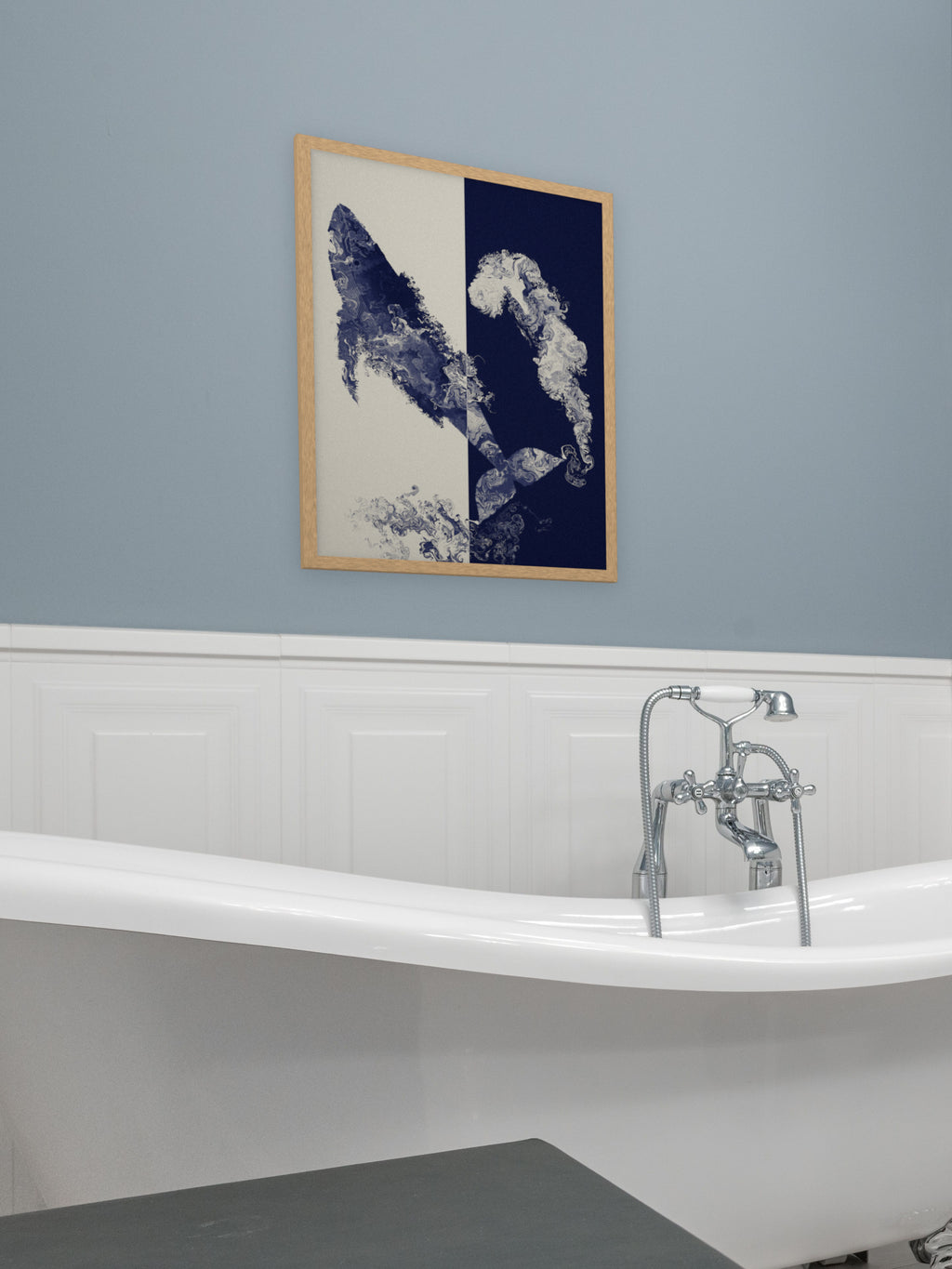 Coming Up for Air humpback whale art print, cream and indigo ocean wall art, shown in a clawfoot bathroom