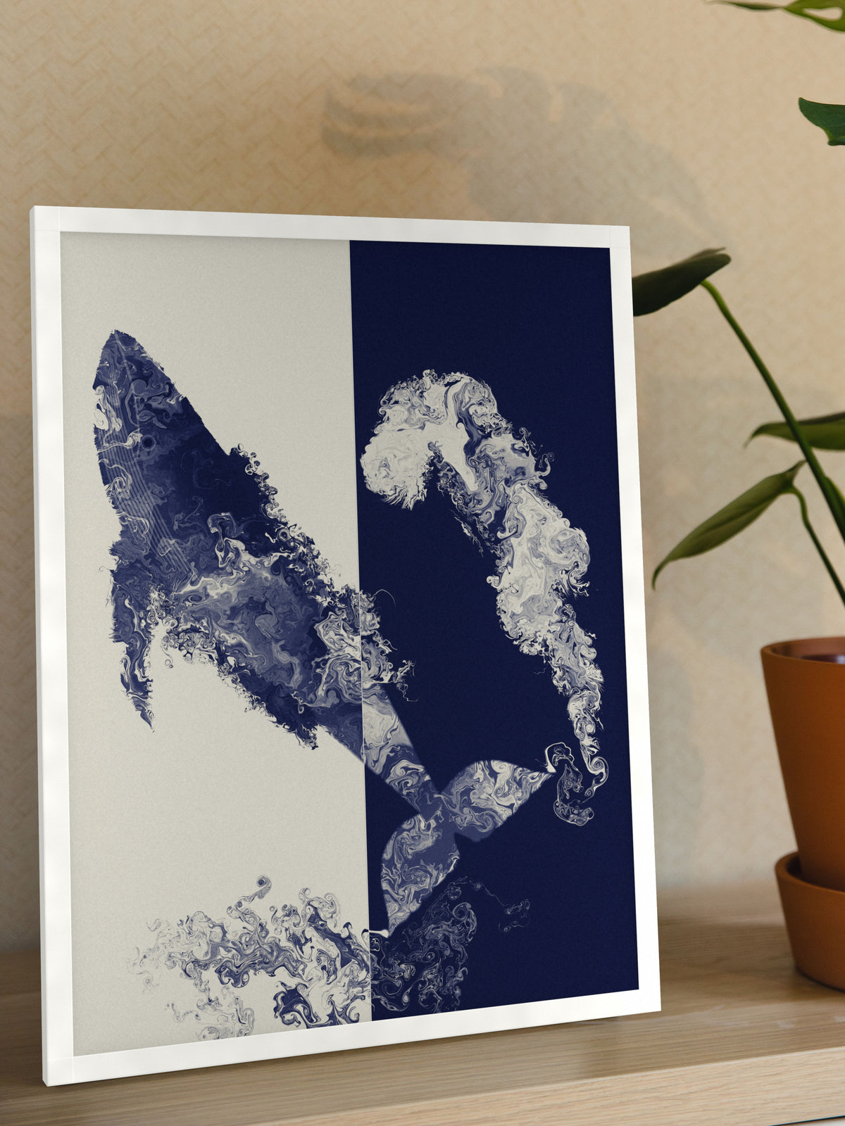 Coming Up for Air humpback whale art print, cream and indigo ocean wall art, shelf detail