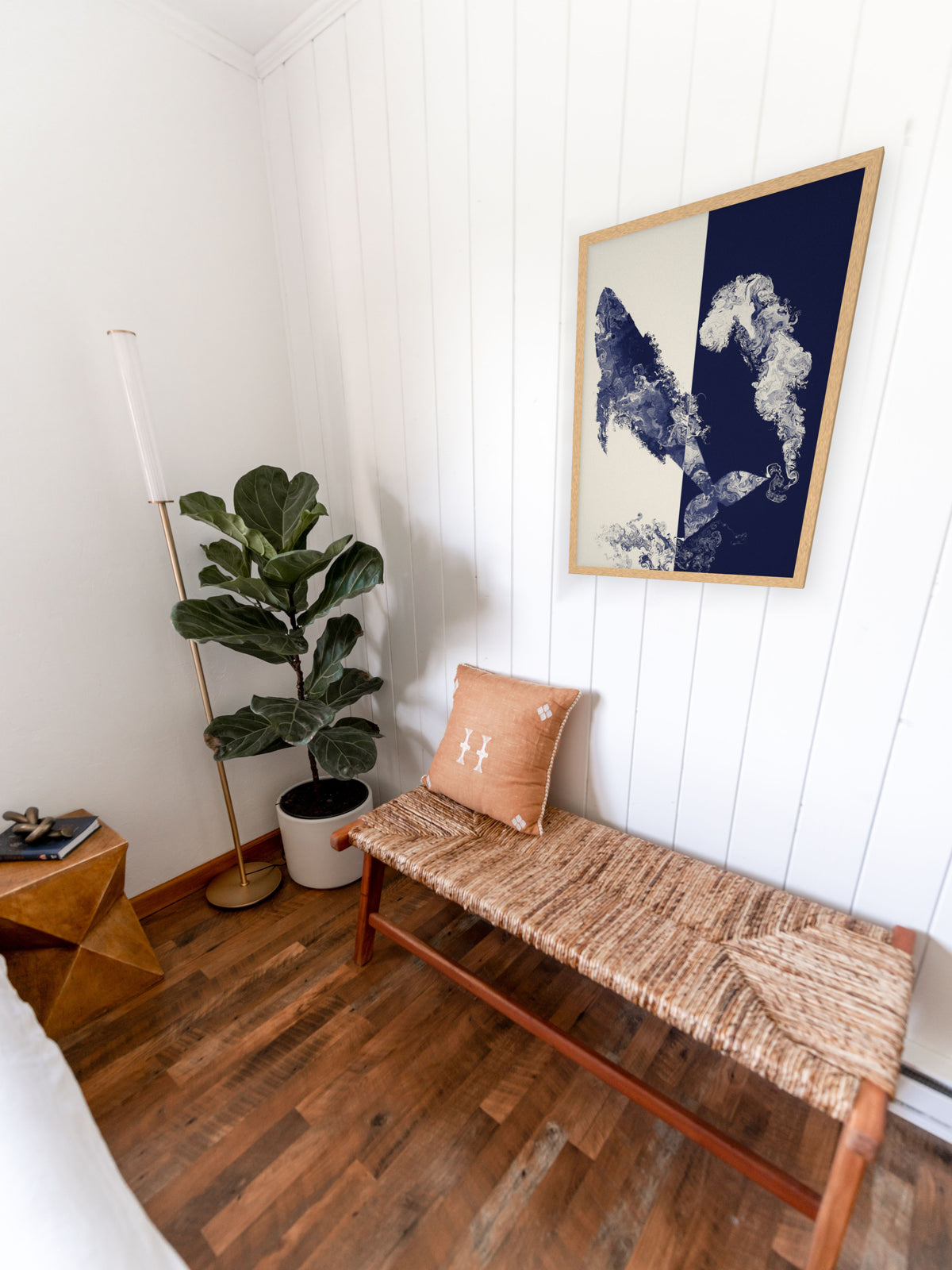 Coming Up for Air humpback whale art print, cream and indigo ocean wall art, shown on a beach house bench