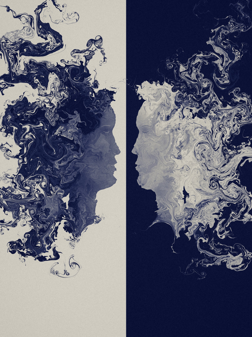 The Space Between two faces art print, cream and indigo romantic wall art, flat print preview