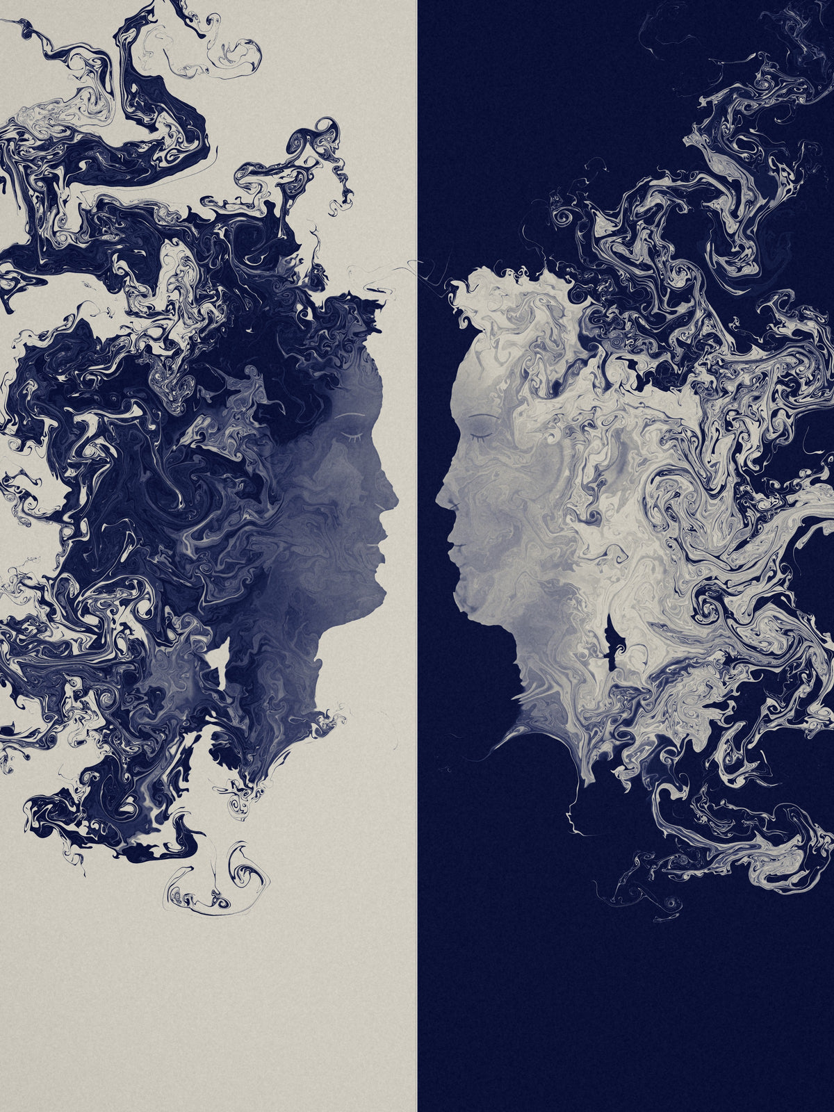 The Space Between two faces art print, cream and indigo romantic wall art, flat print preview