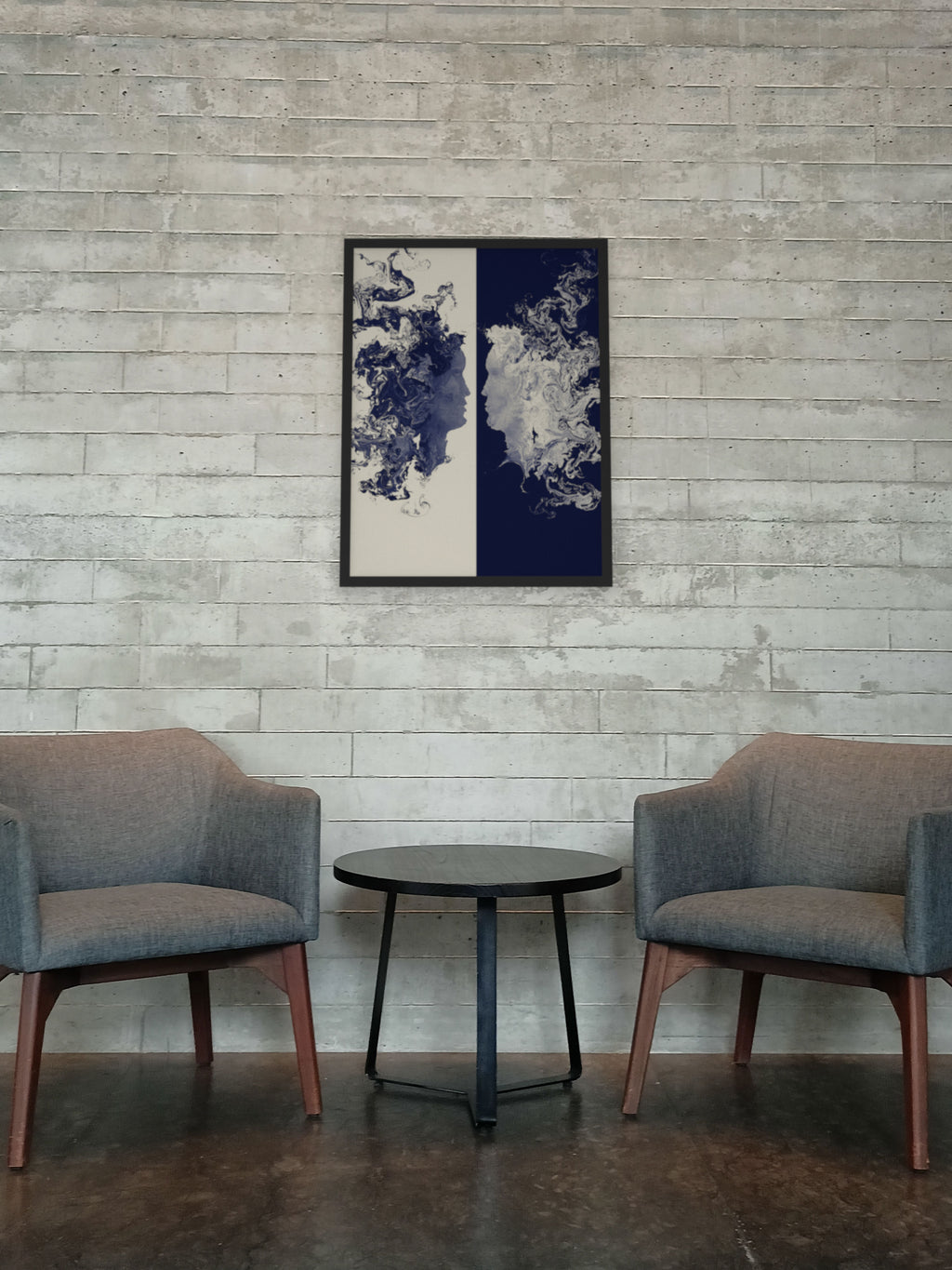 The Space Between two faces art print, cream and indigo romantic wall art, shown in a living room