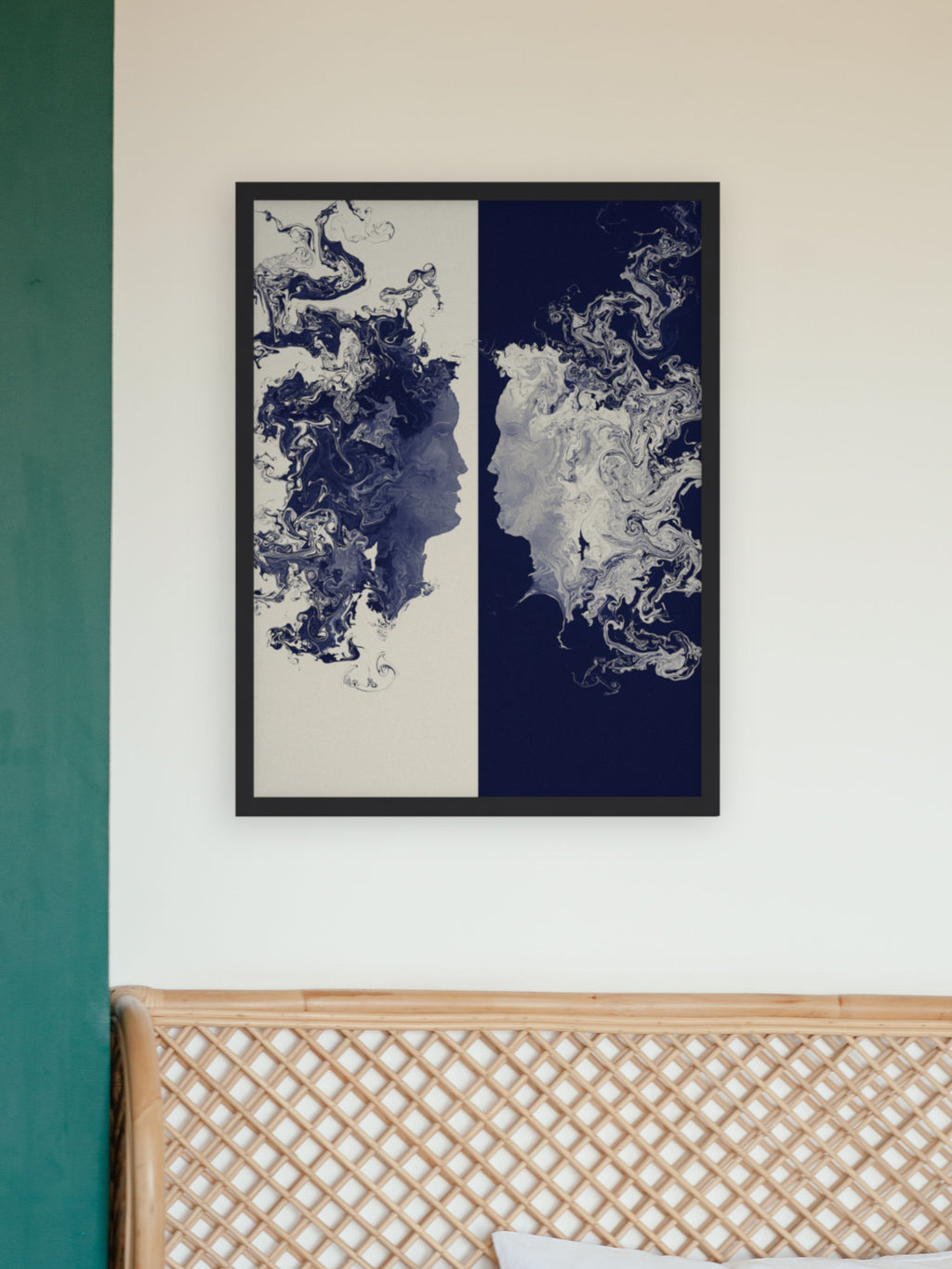 The Space Between two faces art print, cream and indigo romantic wall art, bedroom detail