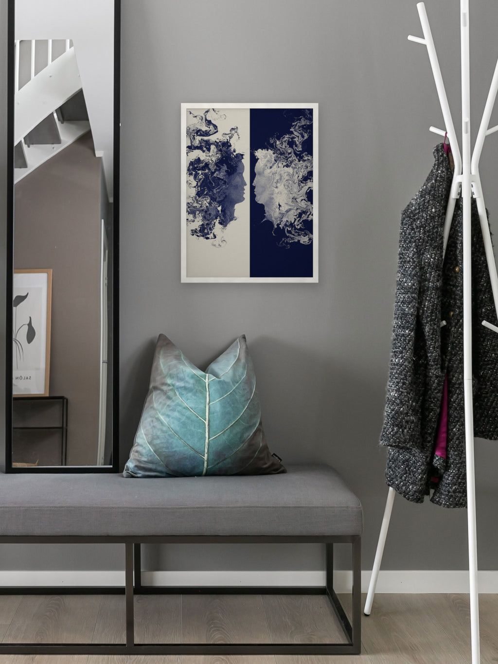 The Space Between two faces art print, cream and indigo romantic wall art, shown in an entry hall