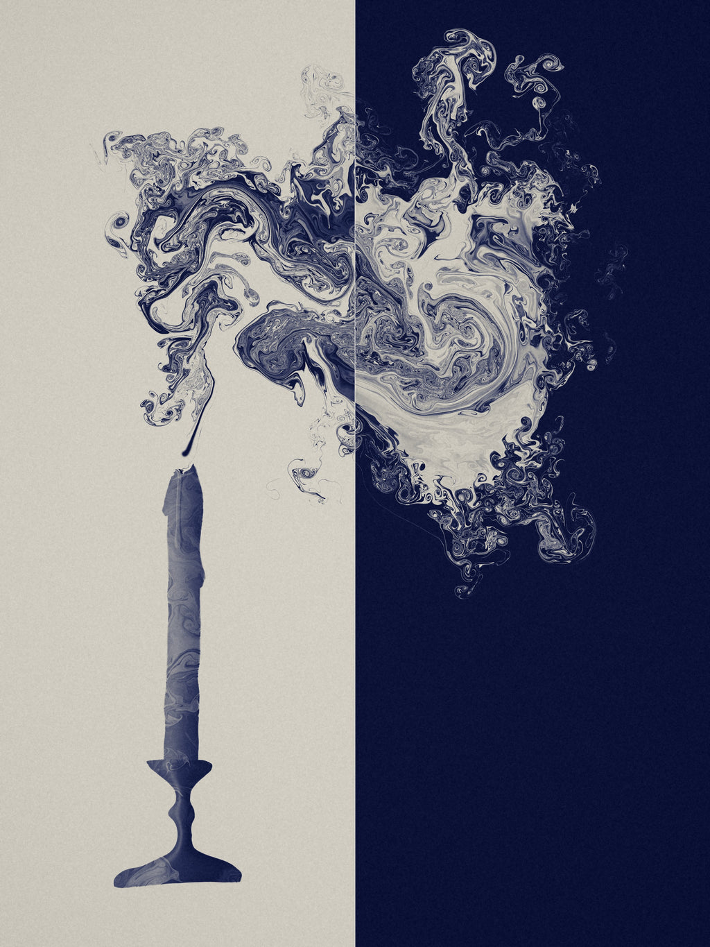 Lights Out candle smoke art print, cream and indigo moody wall art, flat print preview
