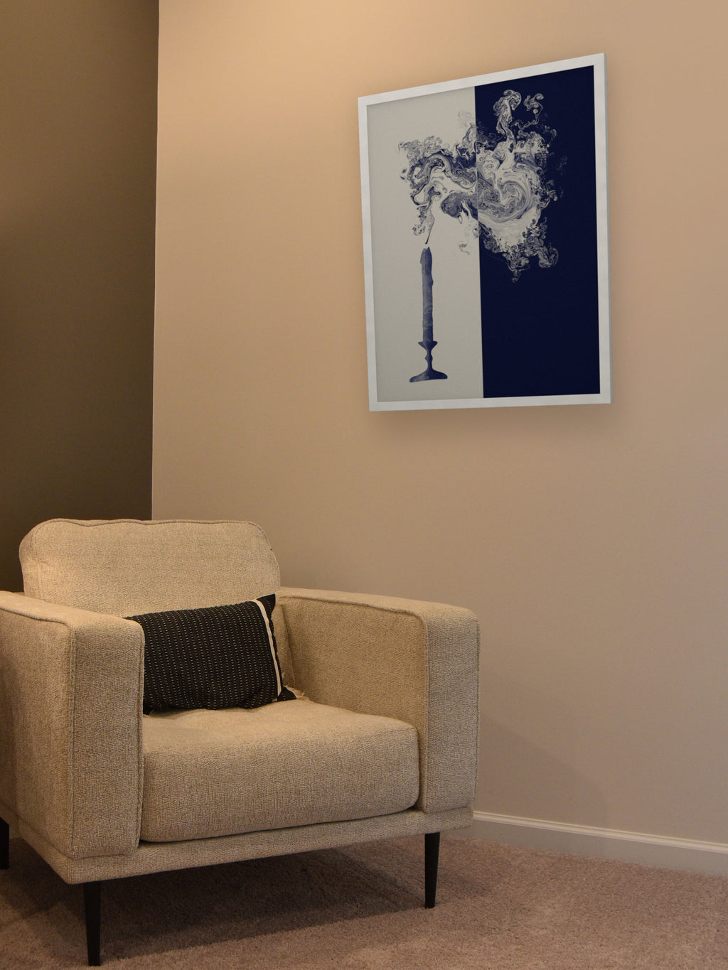 Lights Out candle smoke art print, cream and indigo moody wall art, shown in an armchair corner