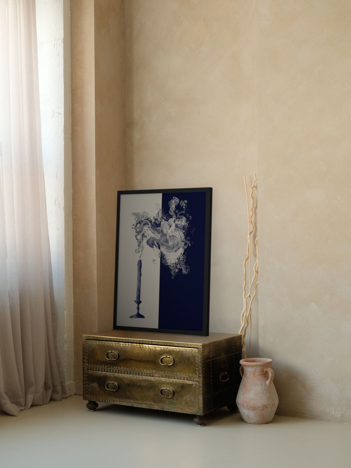 Lights Out candle smoke art print, cream and indigo moody wall art, shown above a brass chest
