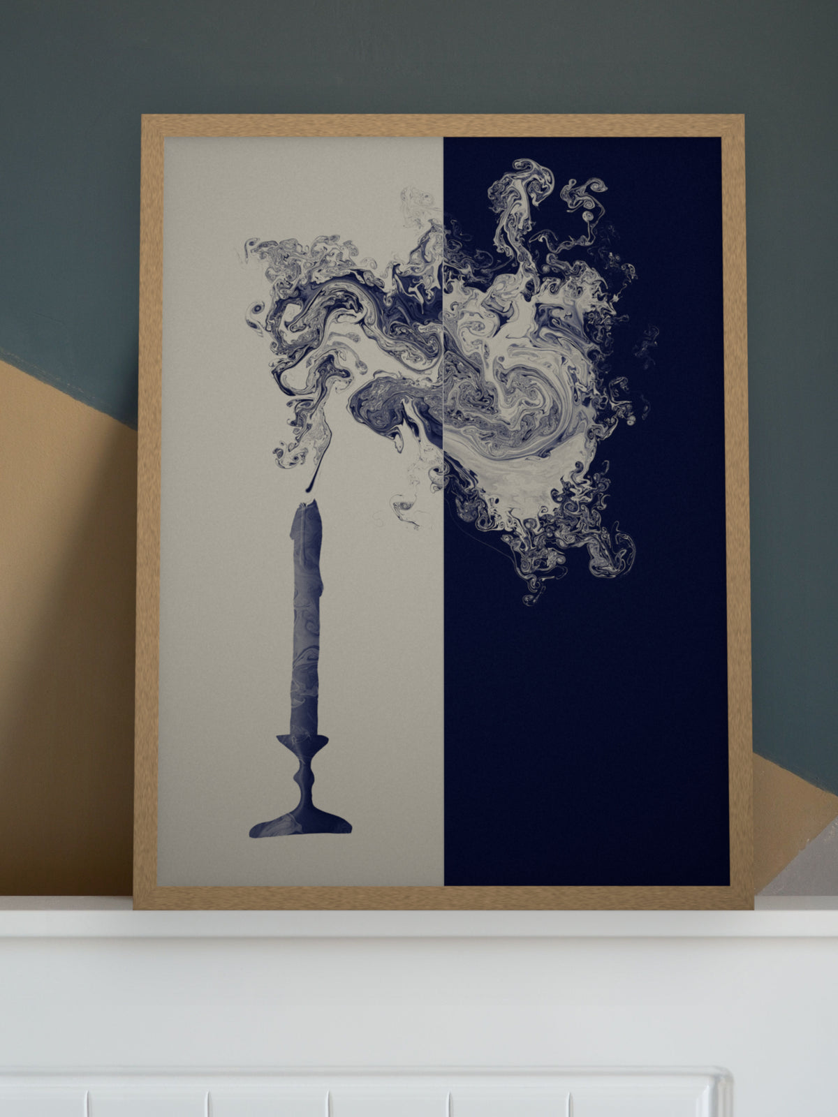 Lights Out candle smoke art print, cream and indigo moody wall art, ledge detail