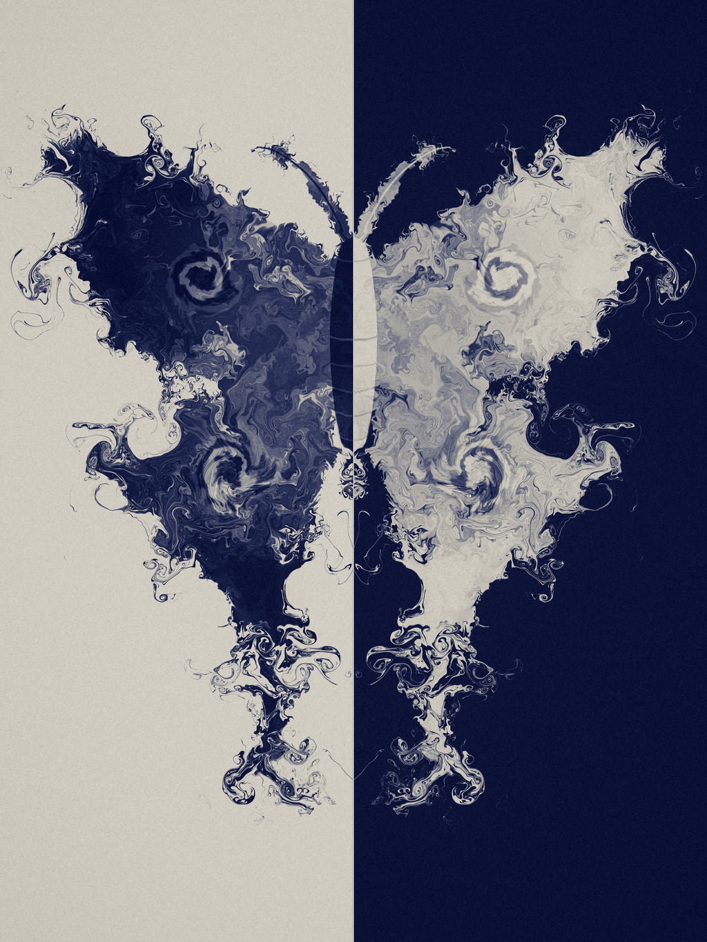 The Fold moth ink blot art print, cream and indigo study wall art, flat print preview
