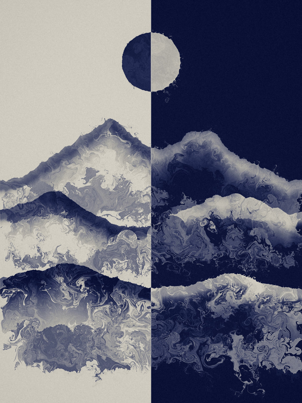 Two Skies mountain sun and moon art print, cream and indigo landscape wall art, flat print preview