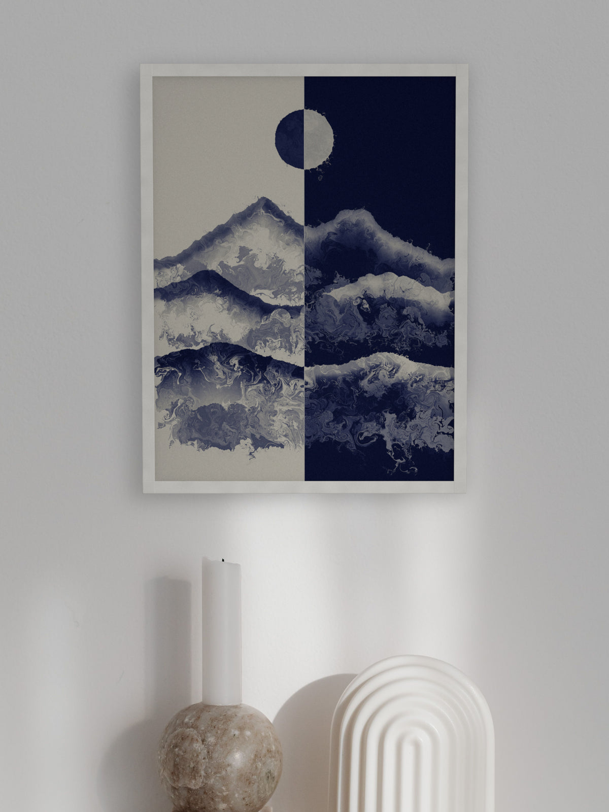 Two Skies mountain sun and moon art print, cream and indigo landscape wall art, shelf detail