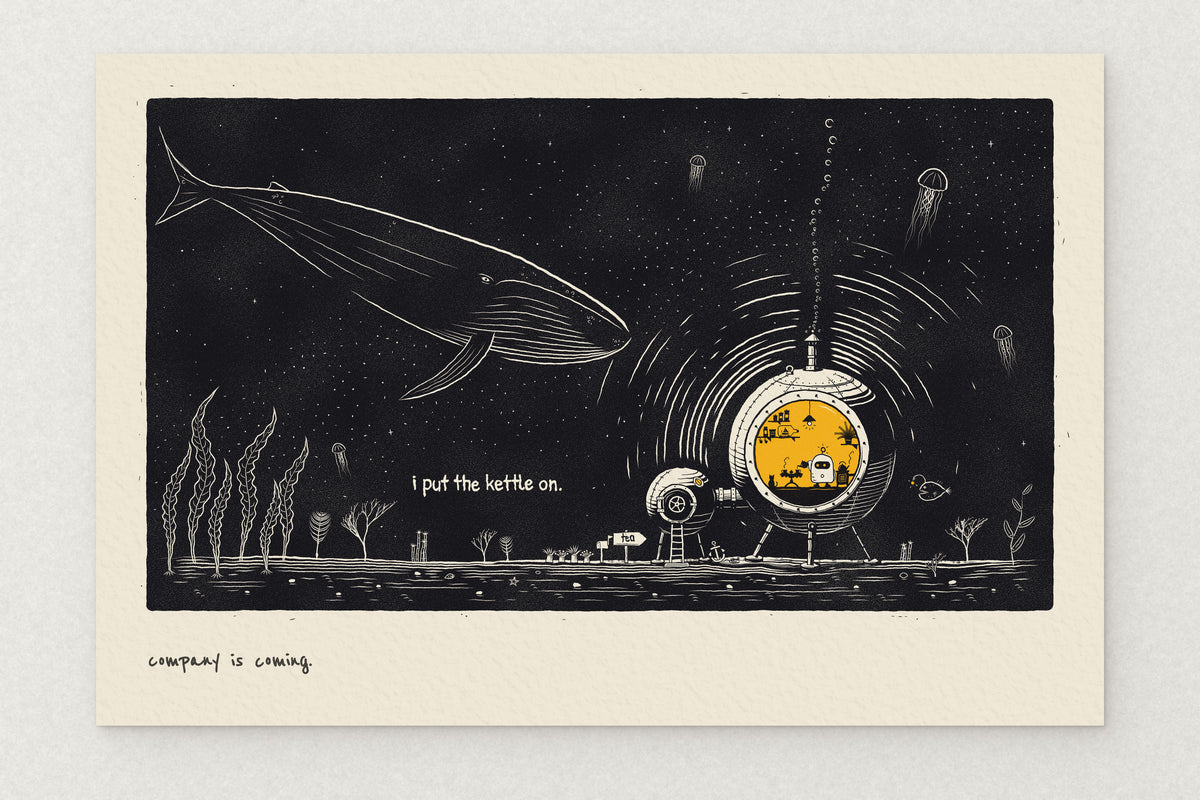 Company Is Coming whale wall art: a robot makes tea in a glowing diving pod on the ocean floor as a great whale glides above