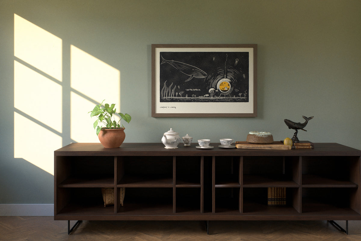 Whale art print in 24x36 hanging in a dining room set for afternoon tea