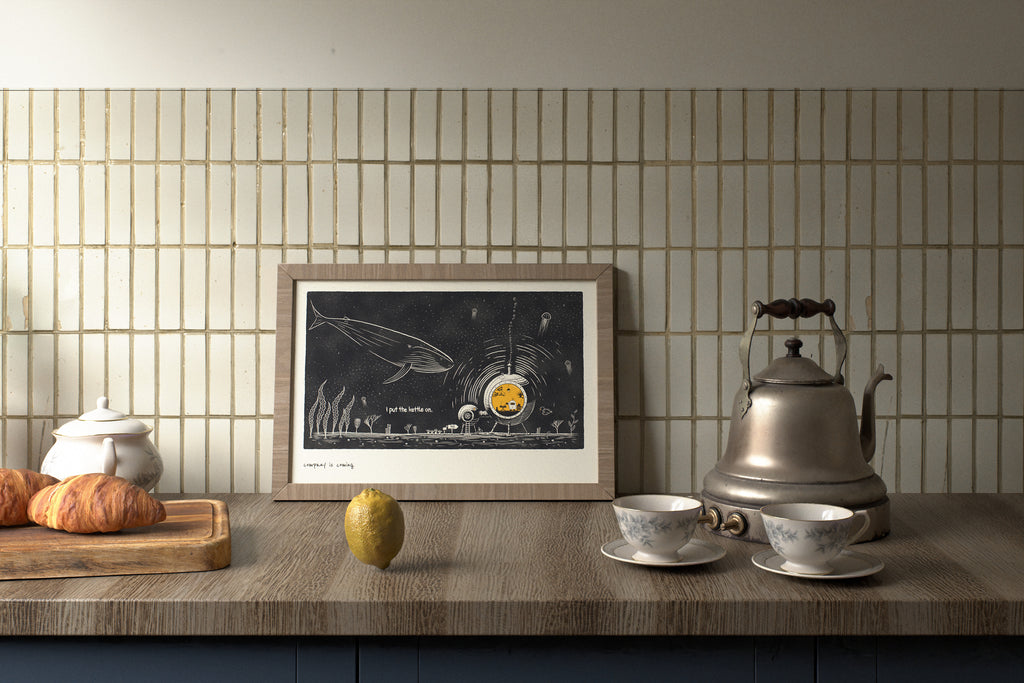 Tea lover kitchen wall art: Company Is Coming whale poster in 12x18 in a kitchen