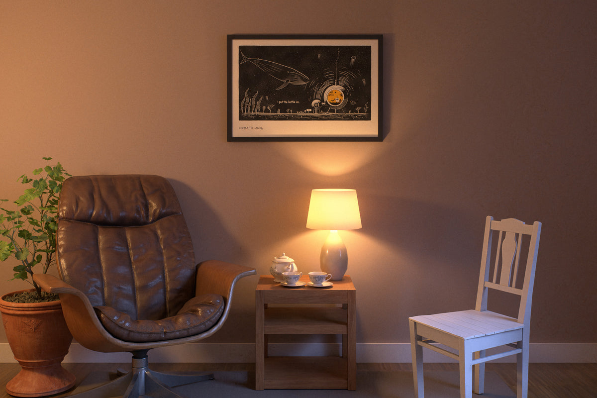 Ocean whale poster in 24x36 hanging in a sitting room at dusk