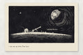 I Can See My House From Here astronomy wall art: a robot at a brass telescope by its domed observatory under a striped planet