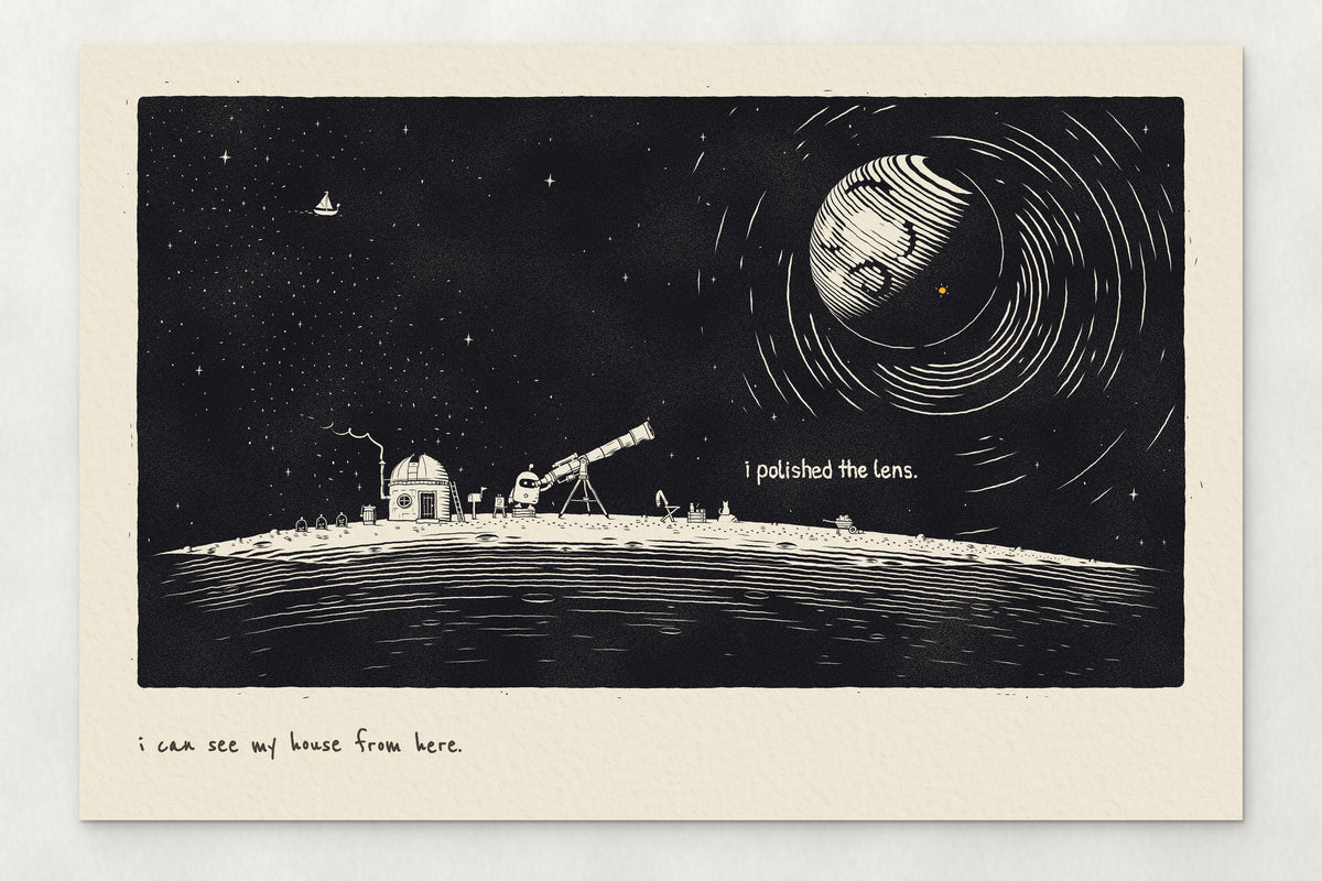 I Can See My House From Here astronomy wall art: a robot at a brass telescope by its domed observatory under a striped planet