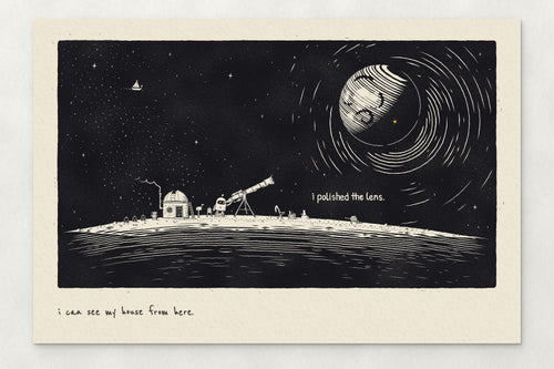 I Can See My House From Here astronomy wall art: a robot at a brass telescope by its domed observatory under a striped planet
