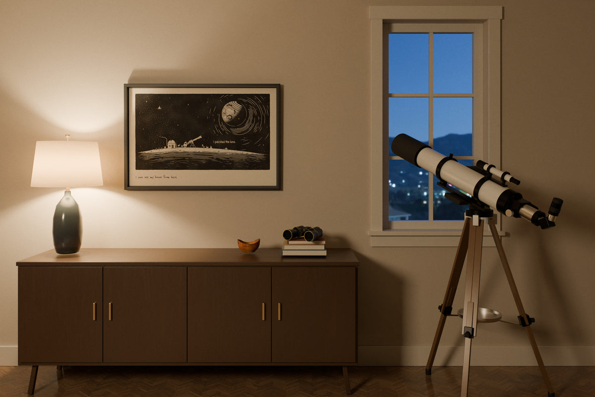 Telescope art print in 24x36 hanging in a stargazer's den at night