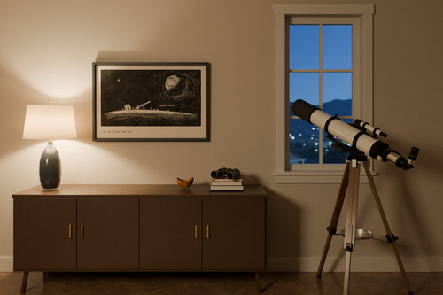 Telescope art print in 24x36 hanging in a stargazer's den at night