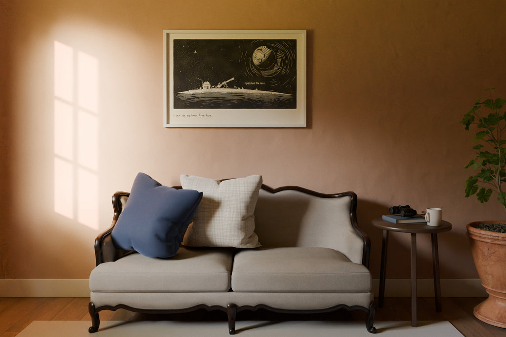 Astronomy poster in 24x36 with a robot and observatory, in a living room at golden hour