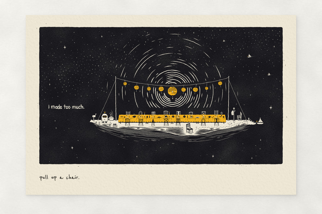 Pull Up a Chair dining room wall art: a feast table floating among stars under yellow paper lanterns, one chair pulled out