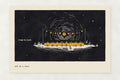 Pull Up a Chair dining room wall art: a feast table floating among stars under yellow paper lanterns, one chair pulled out