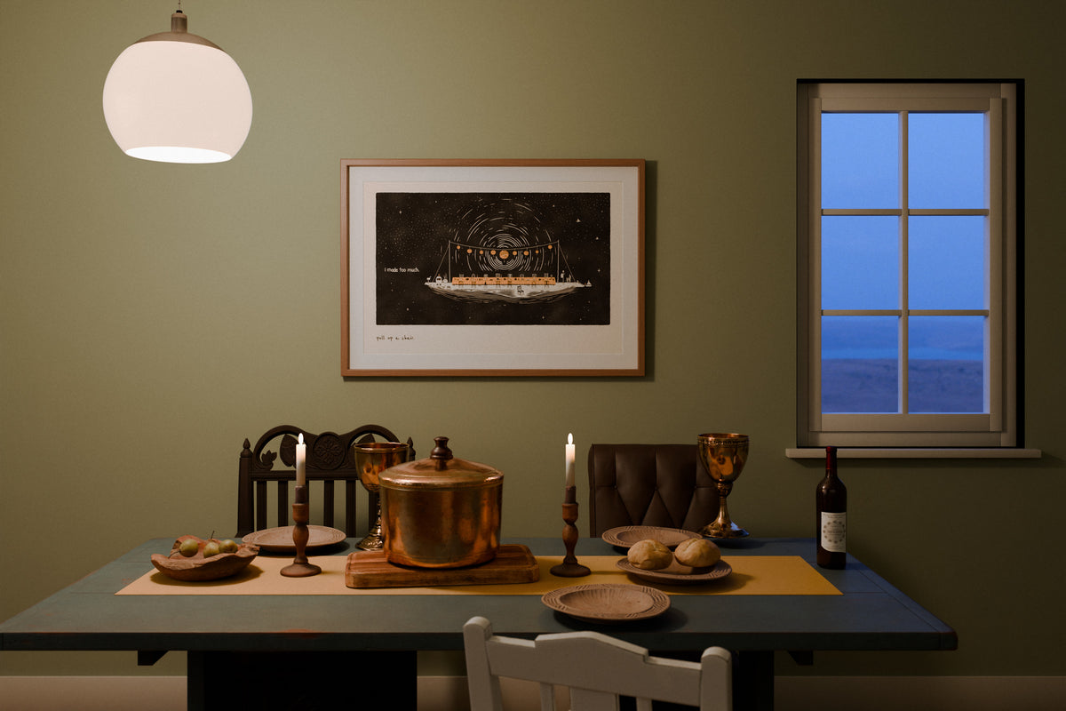 Dinner party art print in 24x36 hanging in a dining room in the evening