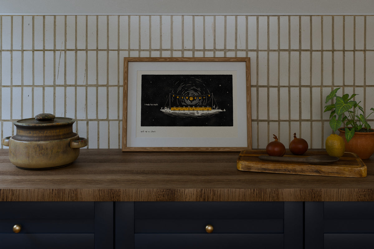 Kitchen art print in 12x18 above a kitchen counter in daylight