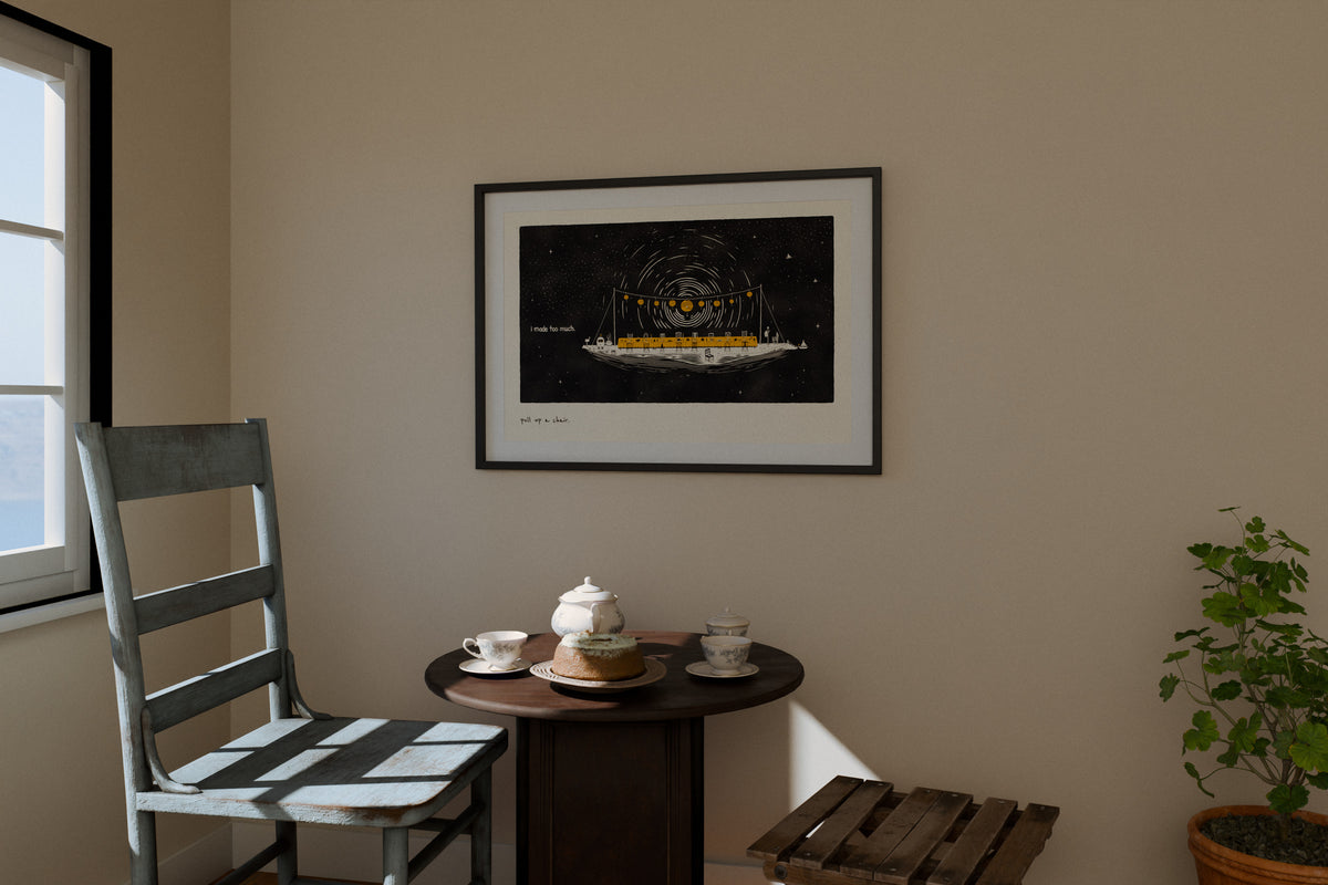 Pull Up a Chair feast table poster in 24x36 in a breakfast nook in the morning