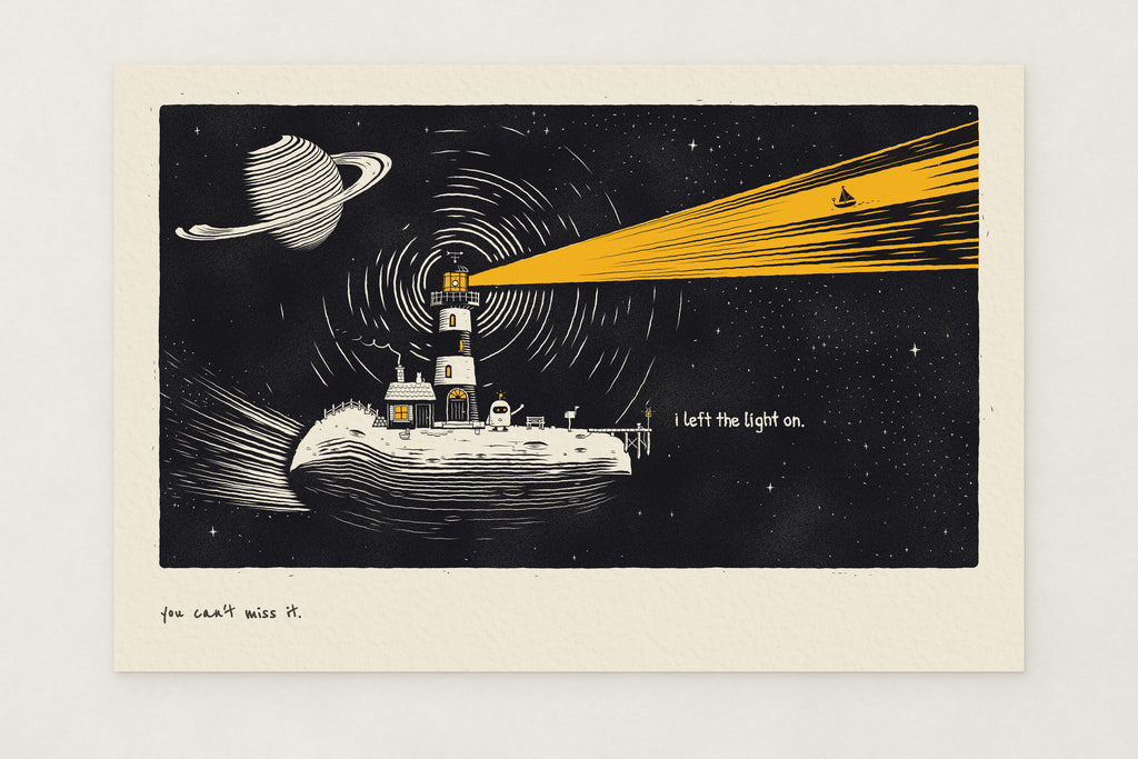 You Can't Miss It lighthouse wall art: a robot waves from a lighthouse island in space as its yellow beam guides a sailboat