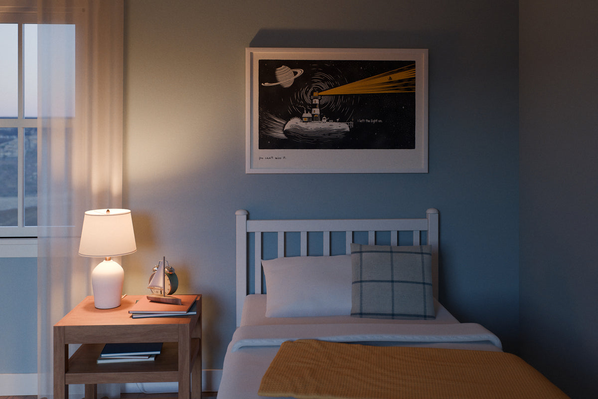 Space nursery and kids room wall art: You Can't Miss It lighthouse poster in 24x36 in a child's bedroom at dusk